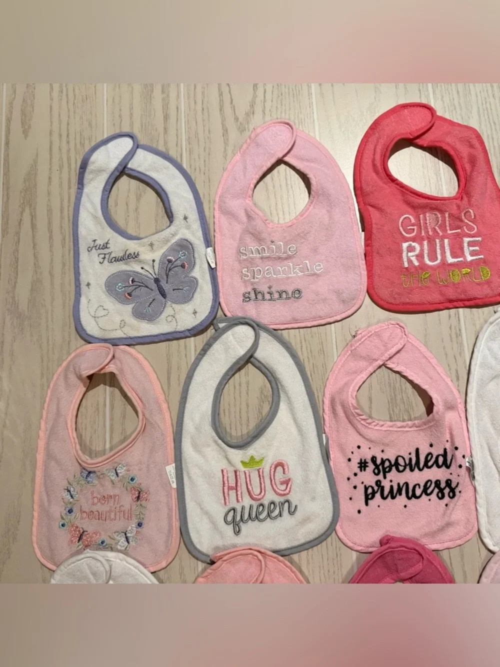Baby Girl Bib Bundle 14 Pc Pink‎ Cute Sayings Cotton Terry Mixed Brands EUC